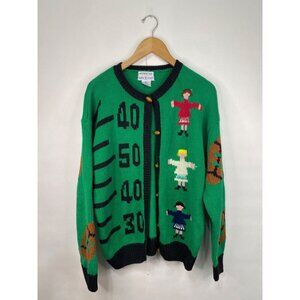 Windcrest Size Large Green Hand Knit Football Cheerleader Novelty Sweater GUC